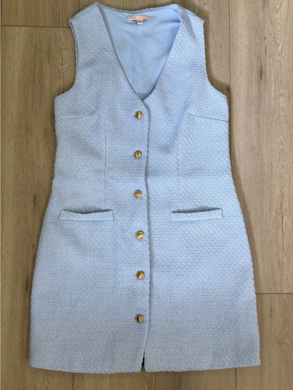 Bebop Light Blue Tweed Gold Button Sleeveless Vest Mini Dress